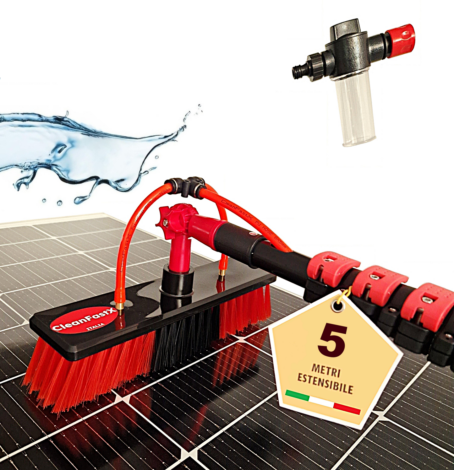 Kit Pulizia Pannelli solari fotovoltaici, idrospazzola ALINEAR, estensibile fino a 5 metri
