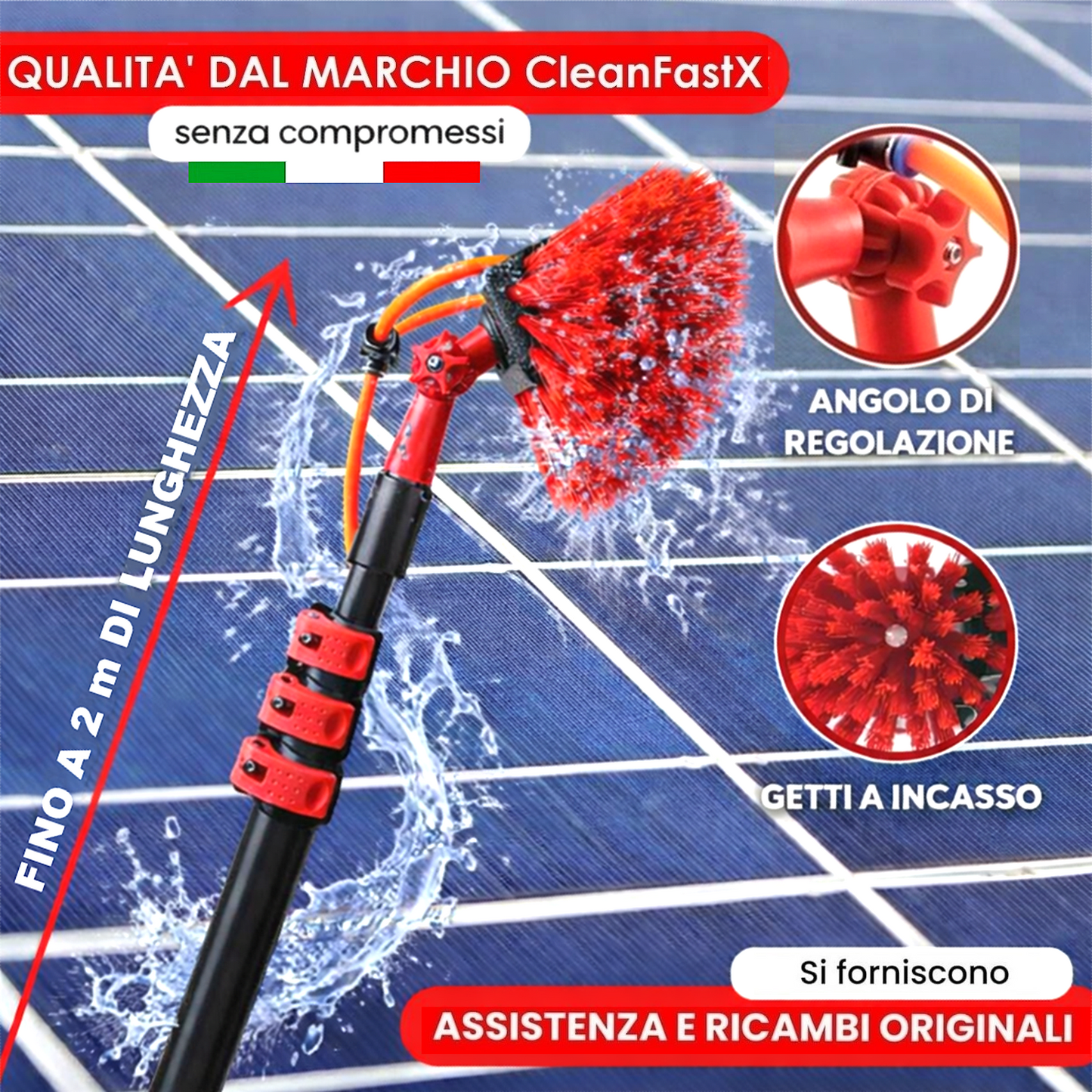 Kit Pulizia Pannelli solari fotovoltaici, idrospazzola MULTIPLES, estensibile fino a 2 metri
