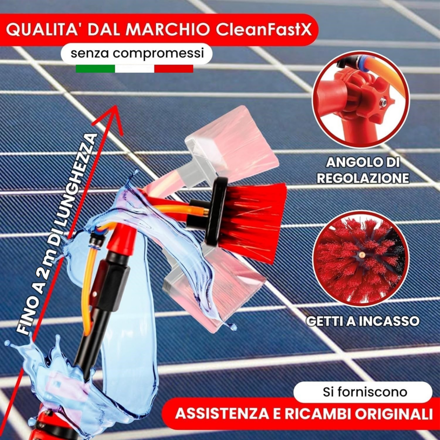 Kit Pulizia Pannelli solari fotovoltaici, idrospazzola ALINEAR, estensibile fino a 2 metri