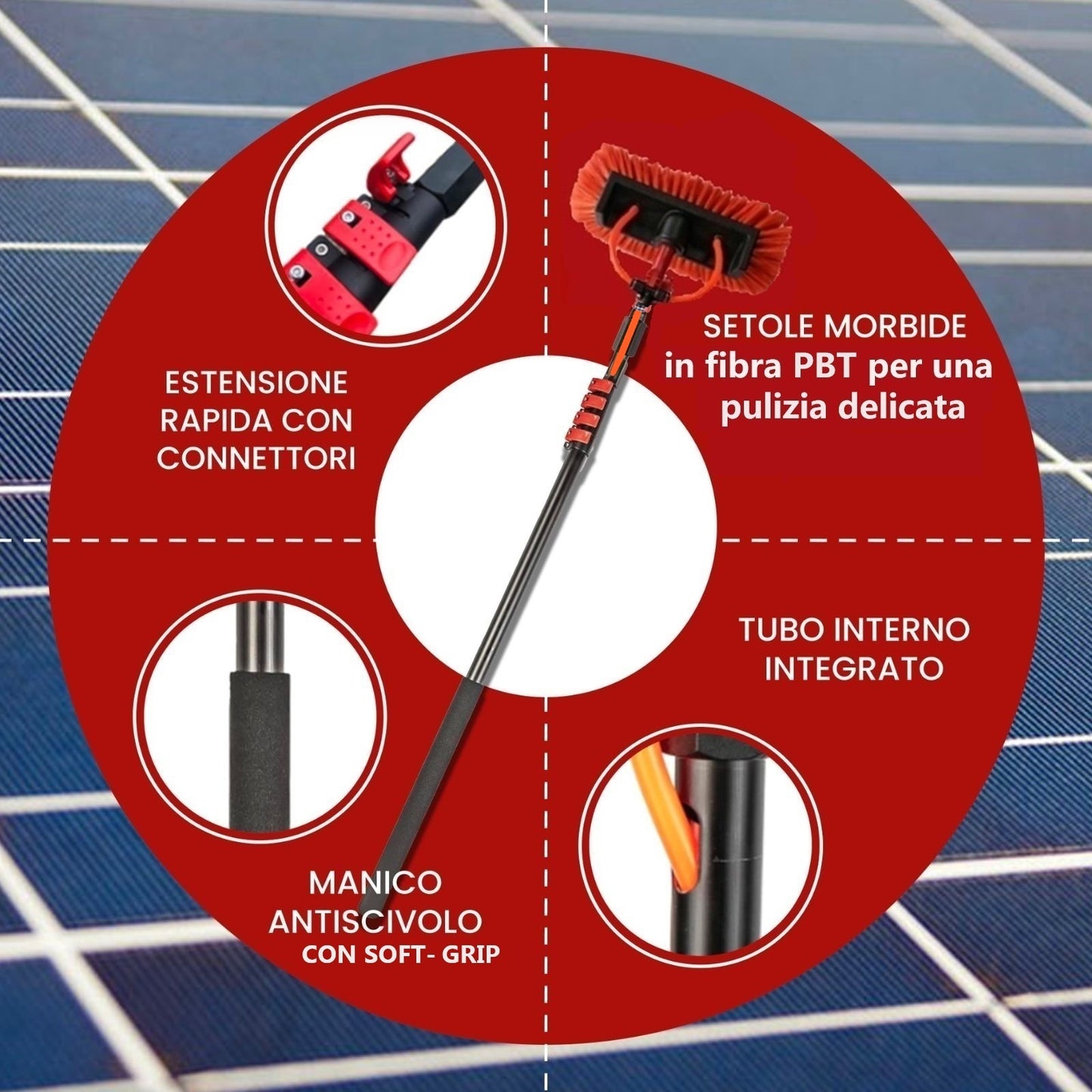 Kit Pulizia Pannelli solari fotovoltaici, idrospazzola Multiples, estensibile fino a 7 metri